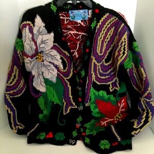 Vintage Just Better Sweaters Lisa Coufal Floral Christmas Cardigan 2XL Hand Knit